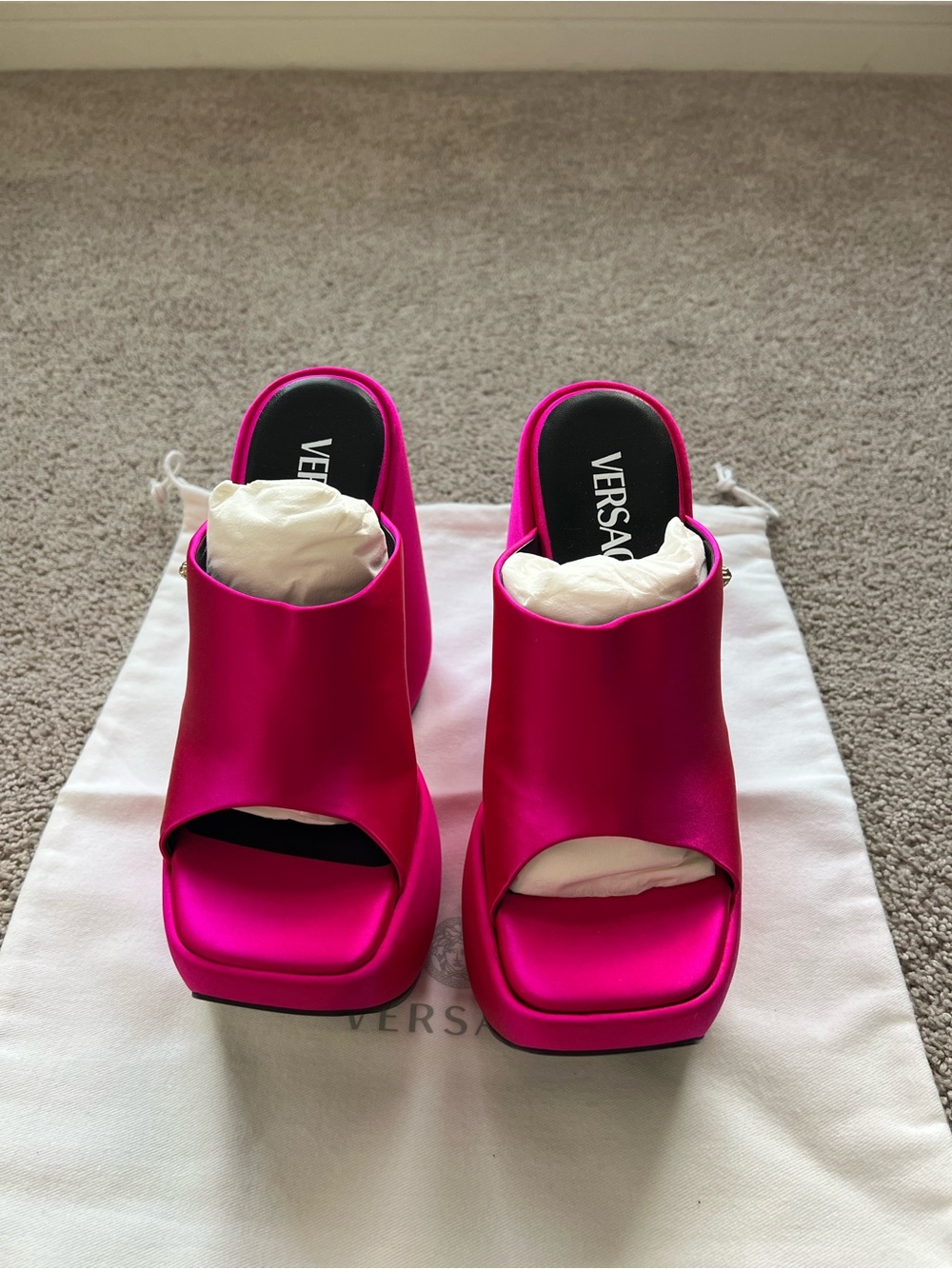 Versace Hot Pink Satin Open-Toe Platform Mules